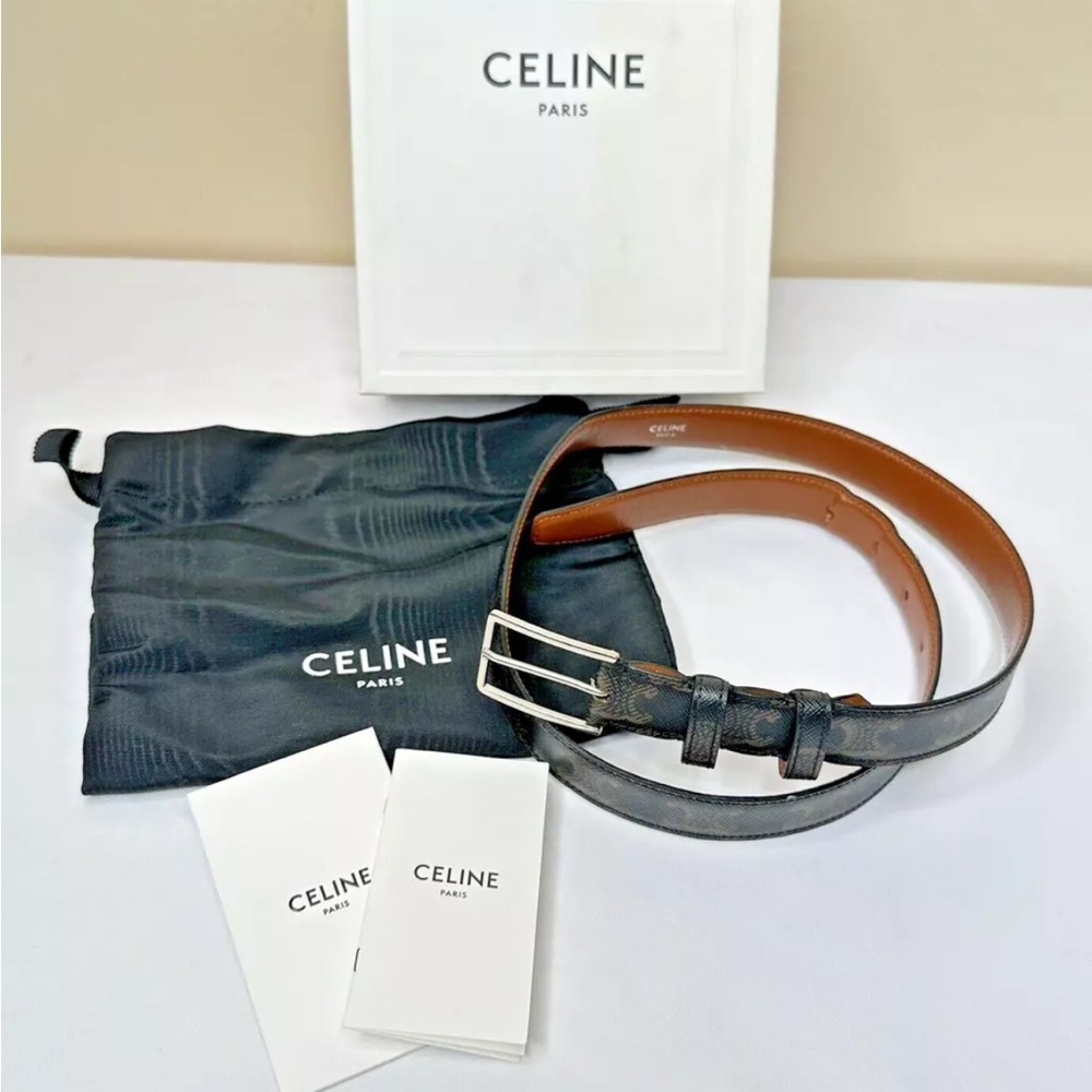 Celine Brown Buckle Belt Triomphe Coated Canvas Medium 80 W/ Dust Bag & Box